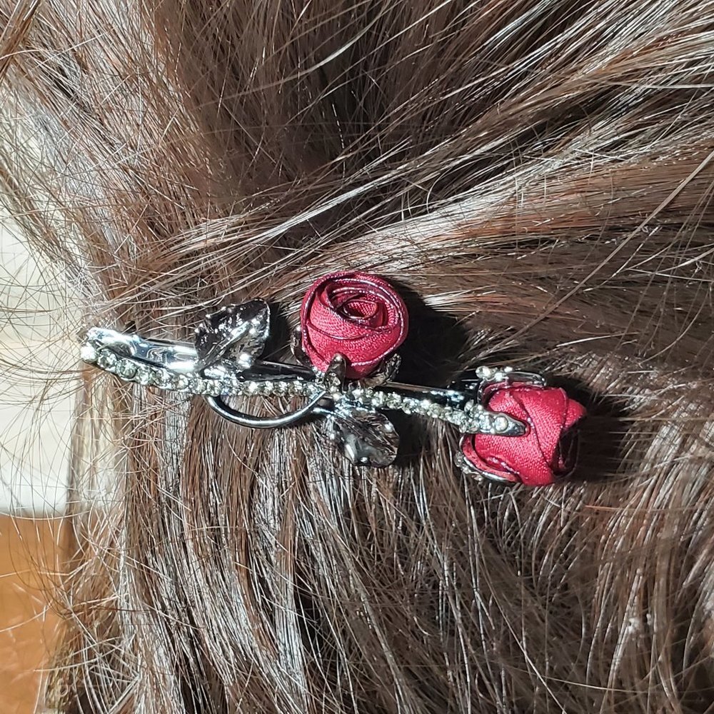 Deep Red Silk Roses Petite  Hair Barrette - Hair Clip
